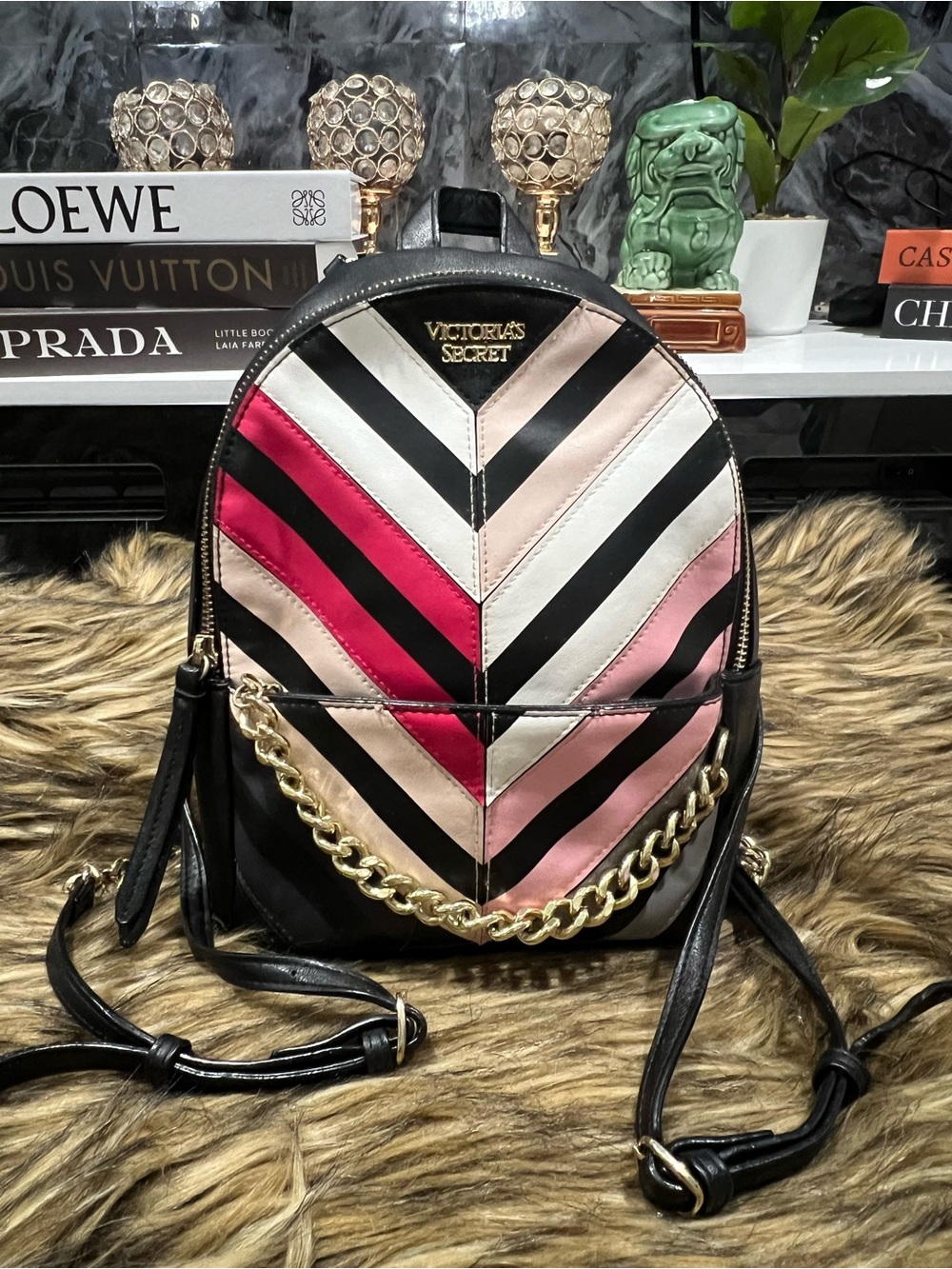 Victoria's Secret Black, Pink & Cream Chevron Mini Backpack with Gold Chain